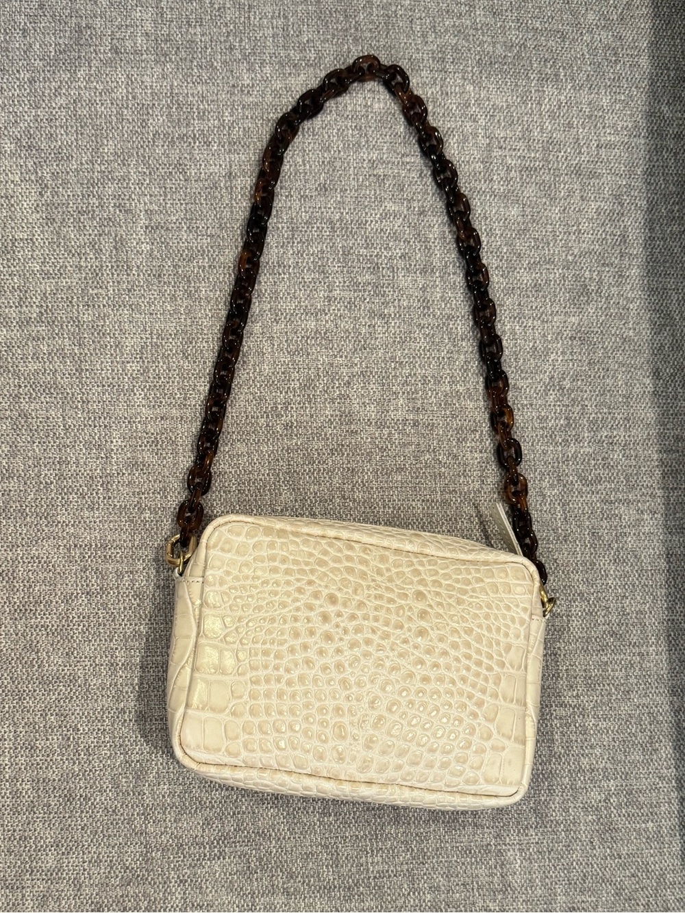 Clare V. Cream Croc-Embossed Midi Sac Bag with Tortoiseshell shoulder strap
